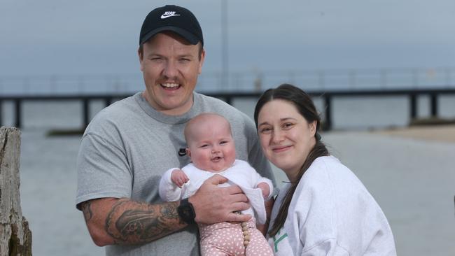 Curlewis couple Michael and Kimberley Bell with baby Willow. Picture: Alan Barber