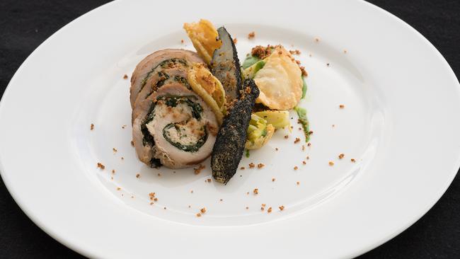 Pork brisket roulade, brussels sprouts, salt-baked celeriac, zucchini and flower toasted milk and crispy pork wonton