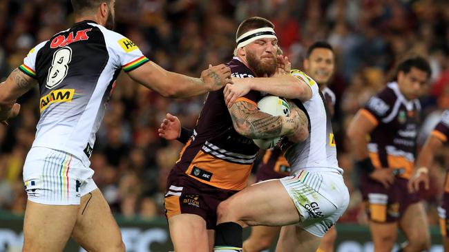 Josh McGuire on the charge for the Broncos. Picture: Adam Head