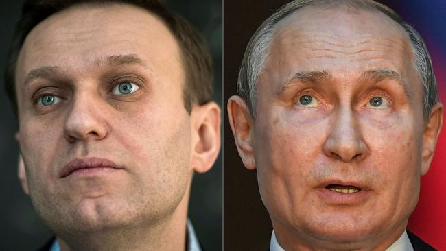 Vladimir Putin, right, is believed to have told President Emmanuel Macron of France that Alexei Navalny, left, had probably poisoned himself. Picture: AFP