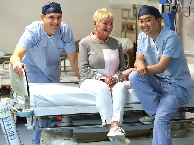 27/05/2020 :L-R  Dr Dale Murdoch  with heart operation patient Nadeane Giles, who is in her 70's , and Dr Karl Poon,  the Cardiologists who performed an Australian-first operation on her to replace a mitral valve in her heart without open heart surgery, at the Prince Charles Hospital, in Chermside, Brisbane.  Lyndon Mechielsen/The Australian