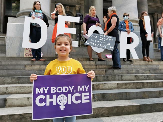 Four-year-old Elektra at the rally with with her mother Irene Govas, who said: “I’m still astonished that in 2021 abortion is still a criminal act.”