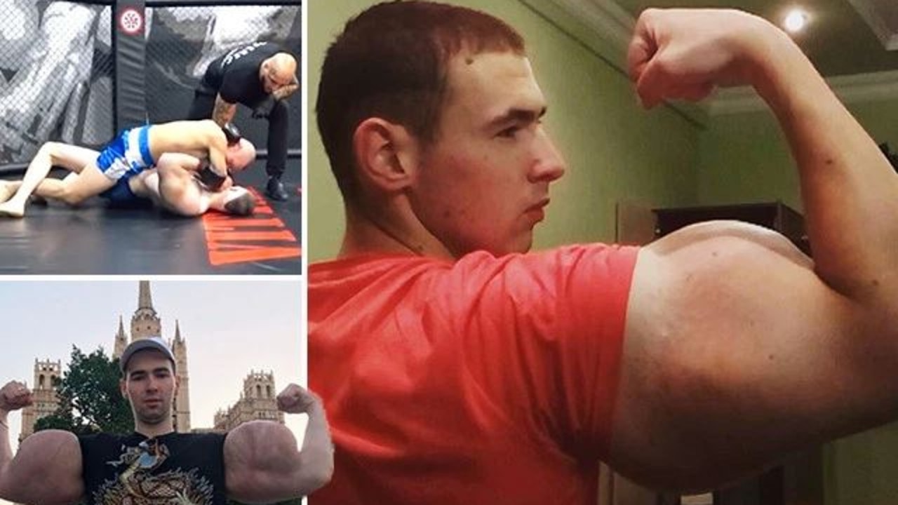 A Russian bodybuilder known as “Popeye” was destroyed in an MMA fight in three minutes by an opponent 20 years his senior.