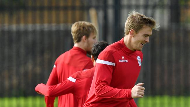 Kristian Opseth of United is seen during a training session at the Adelaide United Training Centre in Elizabeth on Monday. Picture: AAP Image/David Mariuz