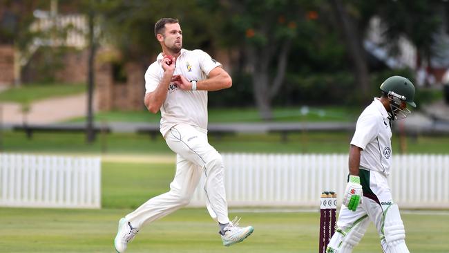 Gold Coast bowler Brian Neil Second grade club cricket grand final between South Brisbane and Gold Coast Saturday April 1, 2023. Picture, John Gass