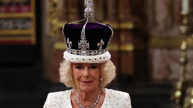 Britain's Camilla walks wearing a modified version of Queen Mary's Crown during the Coronation Ceremony inside Westminster Abbey in central London. Picture: AFP