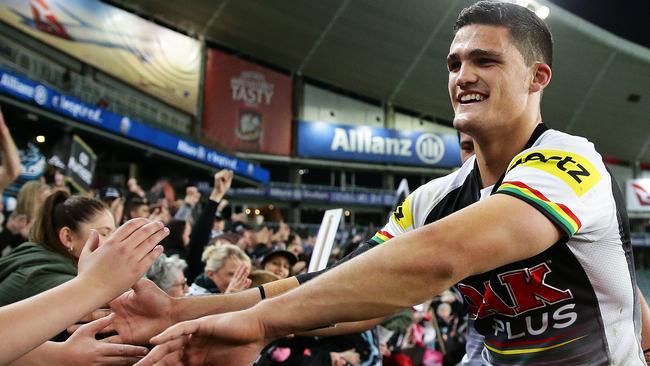 Nathan Cleary celebrates Penrith’s finals win with the crowd.