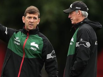 SYDNEY, AUSTRALIA - MARCH 09: Rabbbitohs assistant coach Jason Demetriou talks to Rabbitohs head coach Wayne Bennett  during a South Sydney Rabbitohs NRL training session at Redfern Oval on March 09, 2020 in Sydney, Australia. (Photo by Mark Metcalfe/Getty Images)