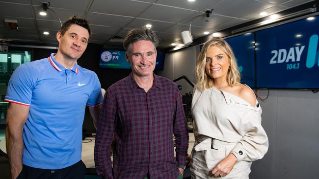 Ed Kavalee, Dave Hughes and Erin Molan for 2Day FM breakfast. (Picture: Supplied)