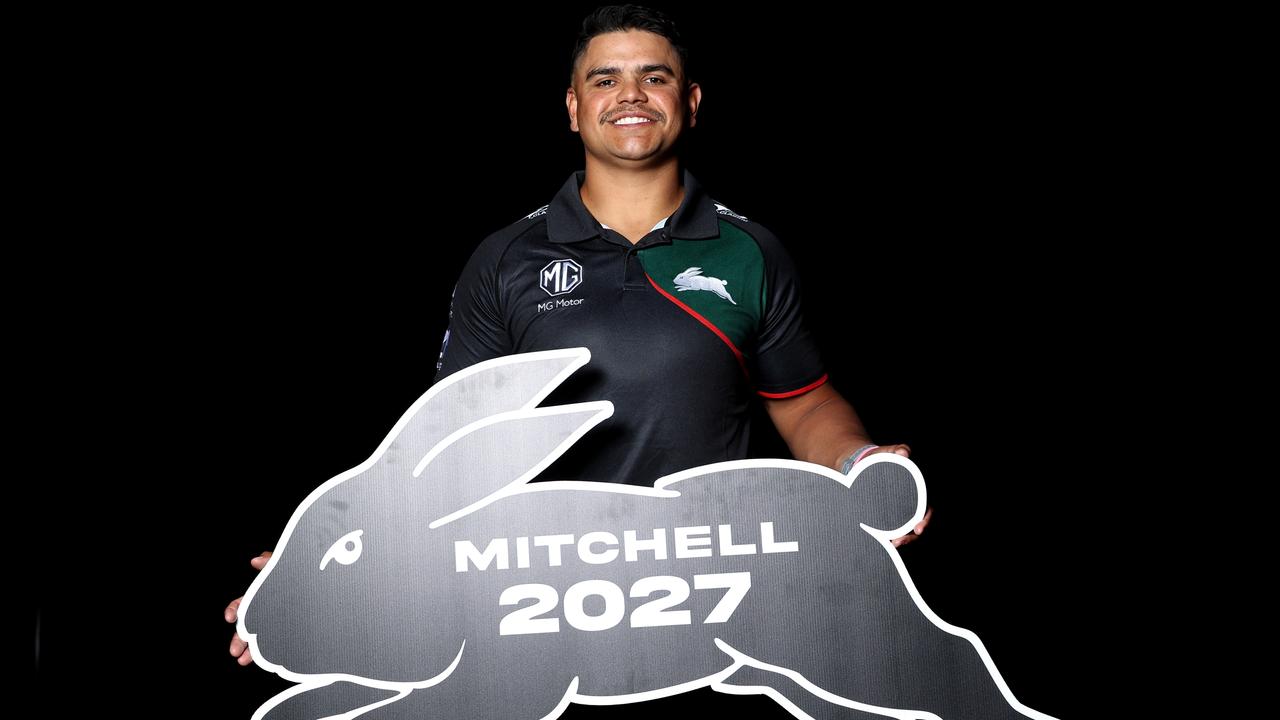 SYDNEY, AUSTRALIA - DECEMBER 21: Latrell Mitchell of the Rabbitohs poses for a photograph during a South Sydney Rabbitohs NRL media opportunity at The Venue on December 21, 2022 in Sydney, Australia. (Photo by Brendon Thorne/Getty Images)