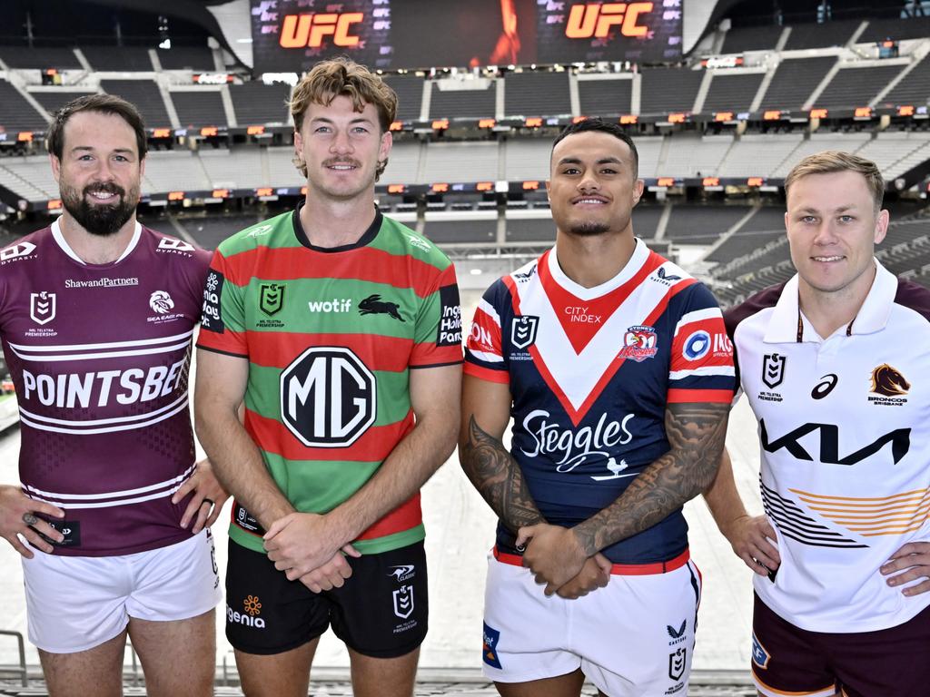 Aaron Woods, Campbell Graham Spencer Leniu and Billy Walters at Allegiant Stadium. Picture: David Becker/Getty Images for NRL