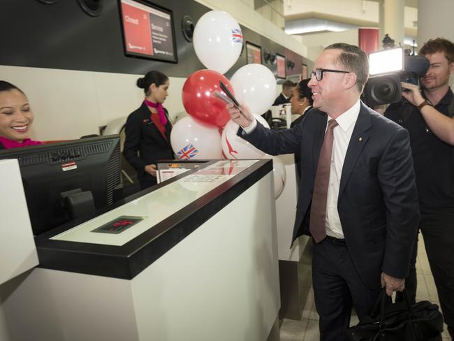 Qantas CEO Alan Joyce arrives at the check-in counter at Perth Airport for the first direct flight to Heathrow airport. Picture: AAP