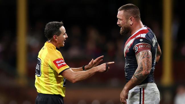 Jared Waerea-Hargreaves has words with referee Gerard Sutton. Picture: Getty