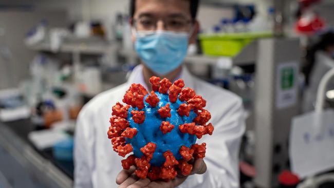 A plastic model of the COVID-19 coronavirus at a research lab in Beijing. Picture: AFP