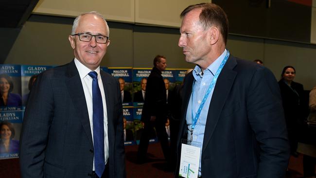 Malcolm Turnbull and Tony Abbott speak during the NSW Liberal Party Futures convention in 2017.