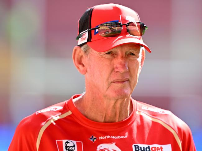 BRISBANE, AUSTRALIA - MARCH 23: Coach Wayne Bennett is seen during a Dolphins NRL training session at Suncorp Stadium on March 23, 2023 in Brisbane, Australia. (Photo by Bradley Kanaris/Getty Images)