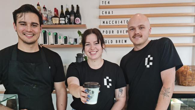 Head chef Joshua Rawling, assistant manager Meg Frost and manager Brad Bruni of Crack Kitchen took out Adelaide CBD’s best brunch. Picture: Lucy Rutherford