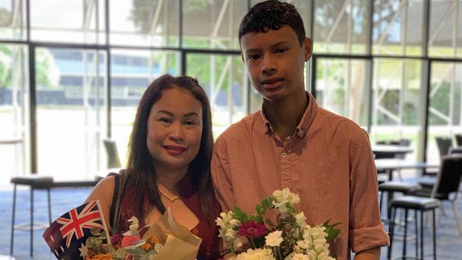 Nuttaya Kanphookiao and her son Kevin at the Australia Day citizenship ceremony at the MECC on January 26, 2023. Picture: Duncan Evans