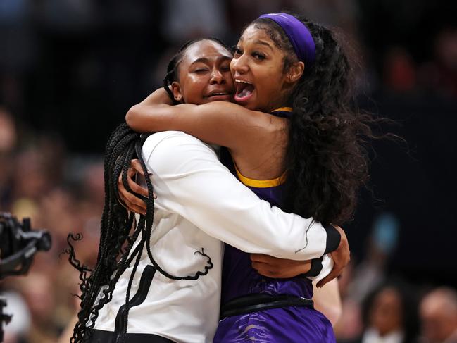 Angel Reese celebrates with a teammate after defeating the Iowa Hawkeyes 102-85 during the 2023 NCAA Women's Basketball Tournament championship game. Picture: Maddie Meyer/Getty Images