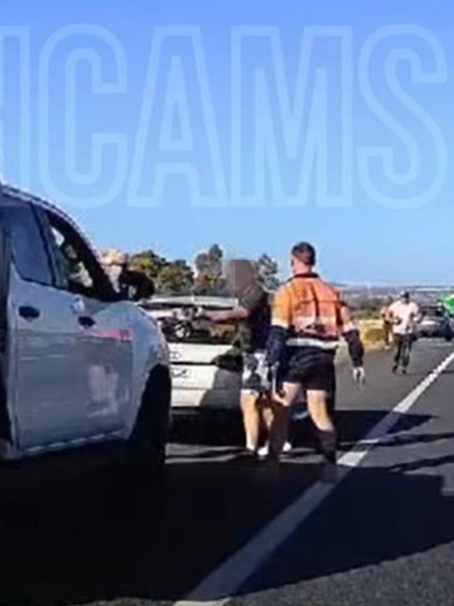Two drivers fight on the side of the Northern Expressway, MacDonald Park. Picture: DashCams Adelaide