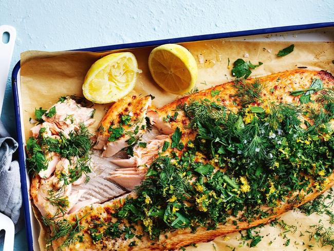 Oven-roasted salmon with maple and mustard herb crust.