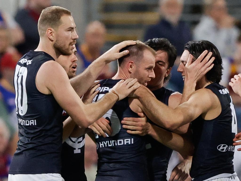 BRISBANE, AUSTRALIA – SEPTEMBER 07: Sam Docherty of the Blues celebrates a goal during the 2024 AFL First Elimination Final match between the Brisbane Lions and the Carlton Blues at The Gabba on September 07, 2024 in Brisbane, Australia. (Photo by Russell Freeman/AFL Photos via Getty Images)