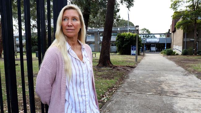 Michelle Walsh outside her old school, Northern Beaches Secondary College, formerly Cromer High School. Picture: James Croucher