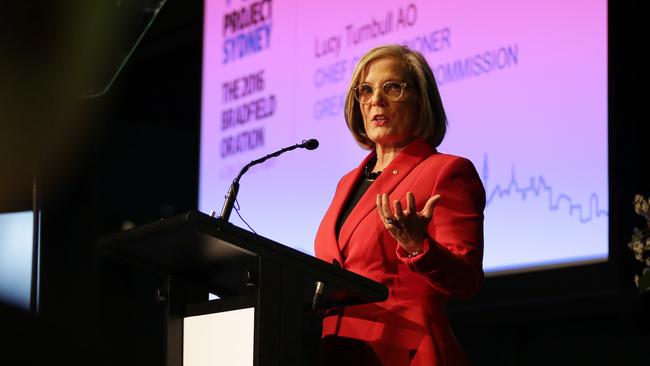 ”Sydney’s time to shine”: Lucy Turnbull address the Bradfield Oration at Pier One tonight. Picture: Christian Gilles