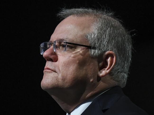 POOL Australian Prime Minister Scott Morrison attends the service to commemorate the 75th anniversary of the Victory in the Pacific Day at the Australian War Memorial in Canberra, Saturday, August 15, 2020. (AAP Image/Lukas Coch/POOL)