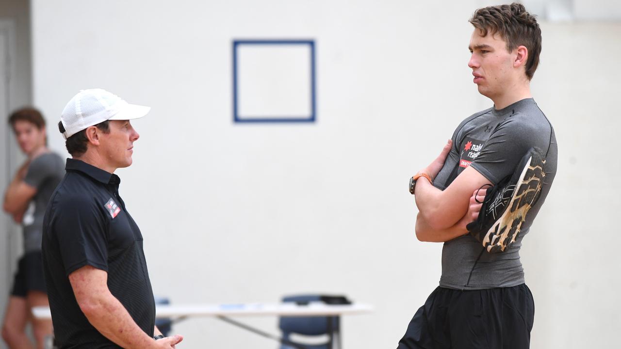 Tony Bamford talks to Riley Thilthorpe at the SA draft combine. Picture: Tricia Watkinson