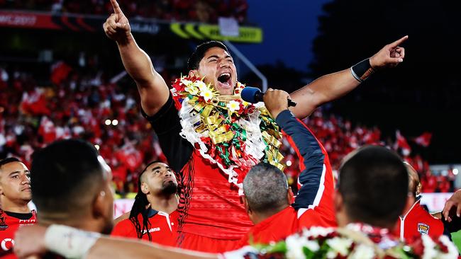 Jason Taumalolo of Tonga leads the Sipi Tau before the World Cup semi-final against England. (Photo by Hannah Peters/Getty Images)