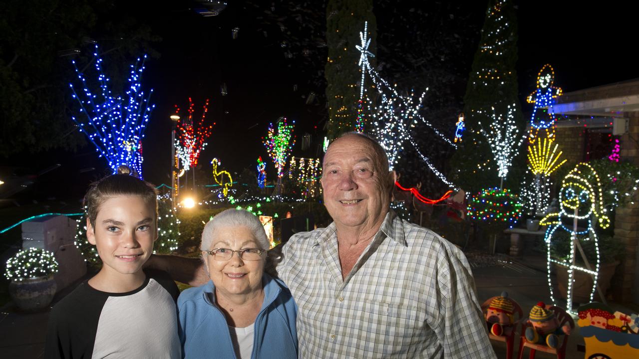 Cody Mutch with his grandparents Sylvia and Sante Andreatta in the Andreatta family Box St entry in the Toowoomba Christmas Lights Competition, Friday, December 11, 2015. Photo Kevin Farmer / The Chronicle