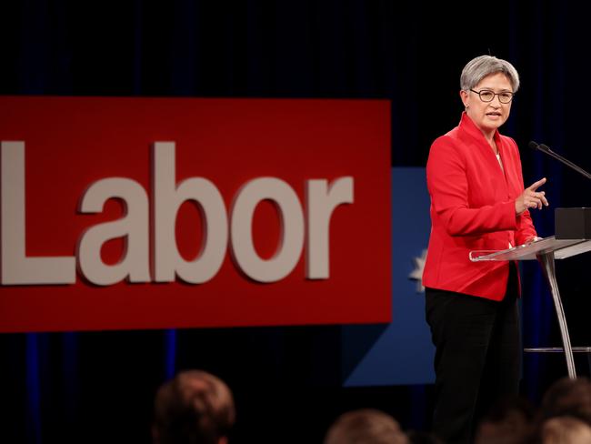 PShadow Foreign Affairs Minister Penny Wong speaks during the Labor Party election campaign launch at Optus Stadium. Picture: Getty