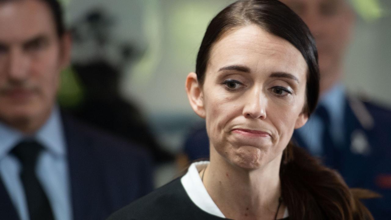 New Zealand's Prime Minsiter Jacinda Ardern reacts during a press conference about a mission to retrieve bodies from White Island. Picture: Marty Melville/AFP