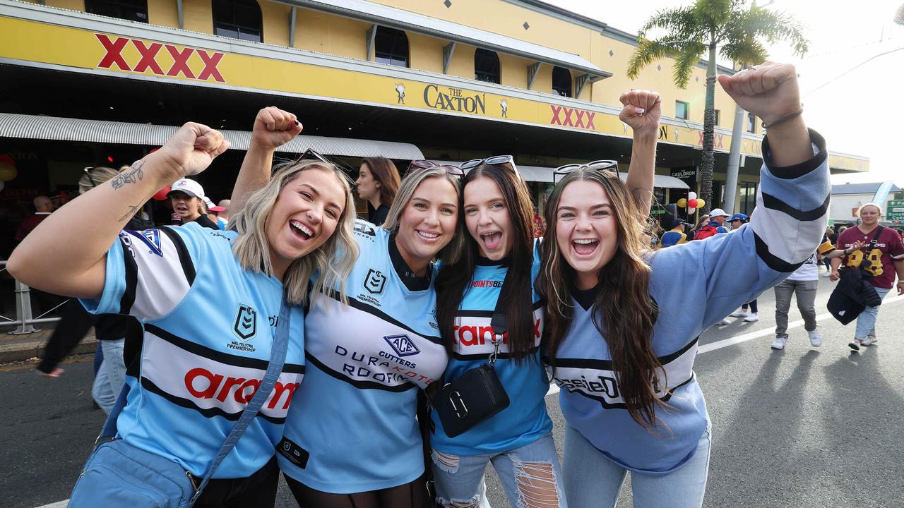 Maddy Lenard, Ashley Mitchell, Kira Wilson and Georgia McNee in Caxton Street during Magic Round. Picture: Annette Dew