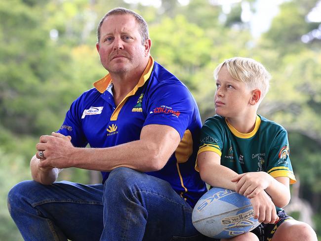 Matt Wakefield with his son Beau 11 and Lexi 14. Story on him being banned by Queensland rugby league for six years from coaching and playing. His son is a gun player just got into an excellence program. He was head butted by a linesman and retaliated to protect himself but has come out worse than the other guy who got less of a ban. Pics Adam Head