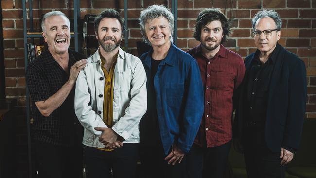 Connections to the past and present: from left, Nick Seymour, Liam Finn, Neil Finn. Elroy Finn and Mitchell Froom. Picture: Stephen Dykes