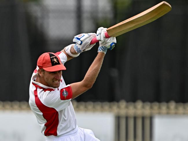 GDCA: Romsey batsman Nathan Hoy drives with style. Picture: Andy Brownbill