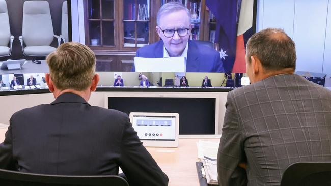 NSW Premier Dominic Perrottet and Department of Premier and Cabinet secretary Michael Coutts-Trotter join the virtual national cabinet meeting with Prime Minister Anthony Albanese on Friday. Picture: Toby Zerna/Office of NSW Premier