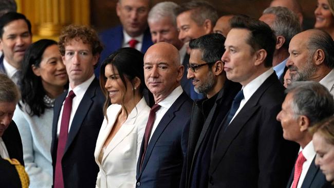 Mark Zuckerberg, Jeff Bezos and his fiancée Lauren Sanchez, Sundar Pichai and Elon Musk. Picture: Julia Demaree Nikhinson / POOL / AFP