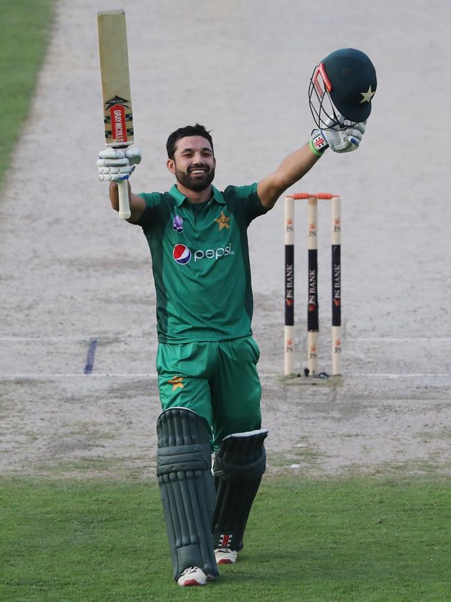 Pakistan cricketer Mohammad Rizwan reacts as he celebrates his century. Picture: AFP