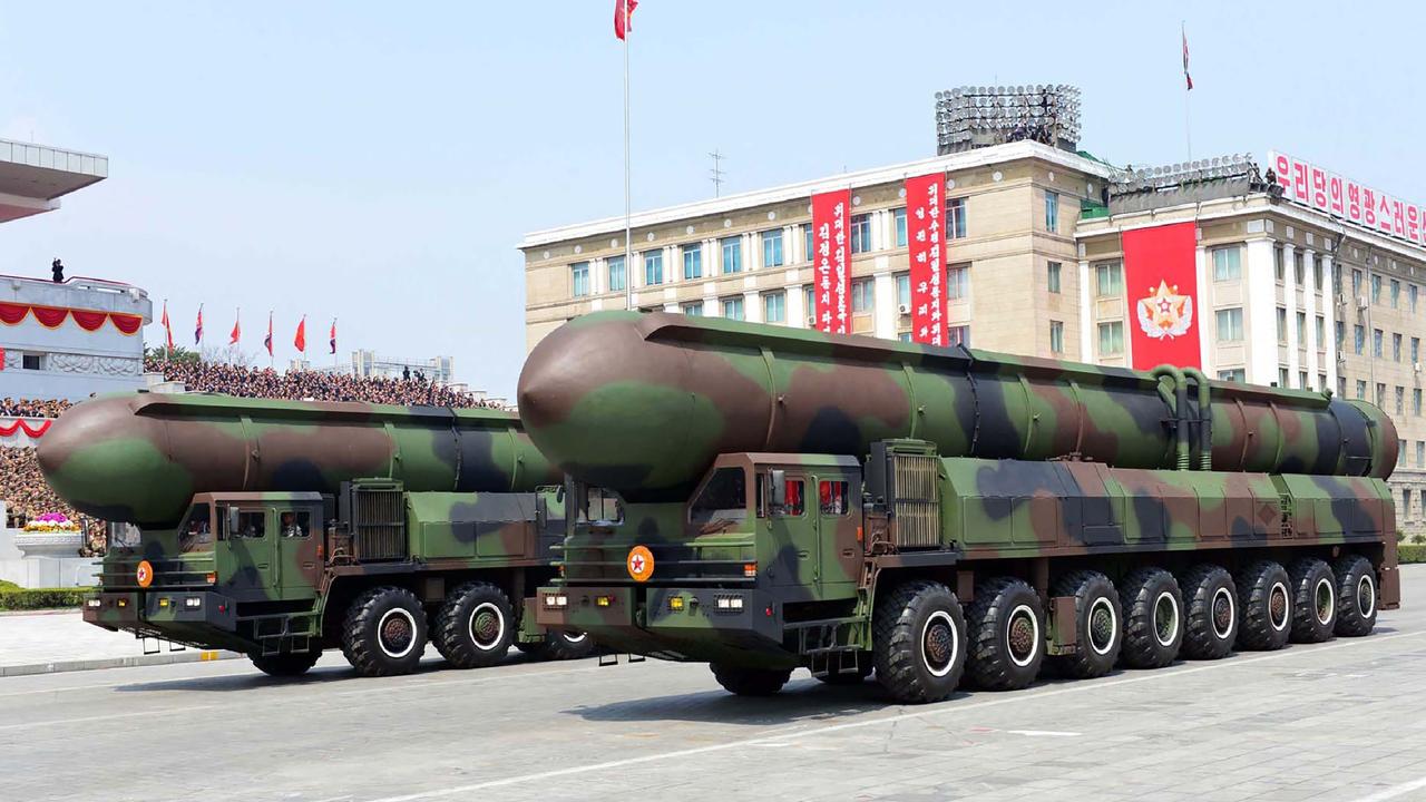 Ballistic missiles being displayed through Kim Il-sung Square during a 2017 military parade in Pyongyang marking the 105th anniversary of the birth of late North Korean leader Kim Il-sung. Picture: STR/KCNA via KNS/AFP