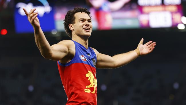 Rayner celebrates kicking one of this three final quarter goals. Picture: Daniel Pockett/AFL Photos/via Getty Images