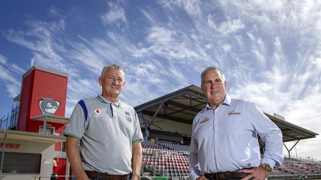 NZ Warriors owner Mark Robinson and Redcliffe Dolphins CEO Tony Murphy at Dolphins Stadium, Redcliffe. PHOTO: AAP/Sarah Marshall