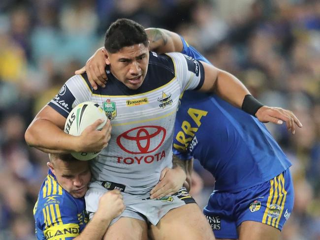 SYDNEY, AUSTRALIA - SEPTEMBER 16:  Jason Taumalolo of the Cowboys tackled by Nathan Brown of the Eels during the NRL Semi Final match between the Parramatta Eels and the North Queensland Cowboys at ANZ Stadium on September 16, 2017 in Sydney, Australia.  (Photo by Mark Evans/Getty Images)