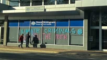 Liberal Senator Simon Birmingham’s office was graffitied overnight by climate protesters. Picture: Supplied.