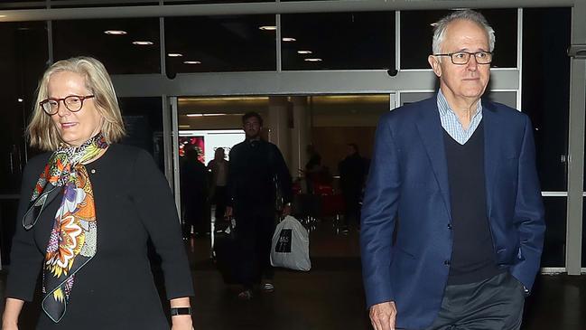 Lucy and Malcolm Turnbull at Sydney airport last night. Picture: Diimex