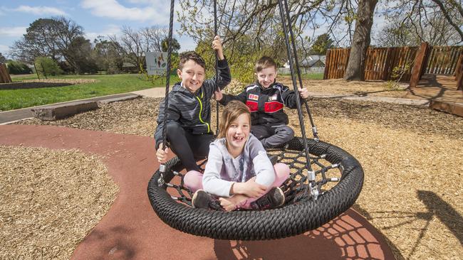 Ethan, Lucy and Luke have fun on the swing at the ecotherapy park. Picture: Rob Leeson.