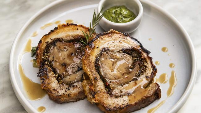 Eterna Dining’s Porchetta Di Ariccia- Slowly roasted pork belly roll, seasoned with fresh garlic and rosemary. Picture: Mark Cranitch.