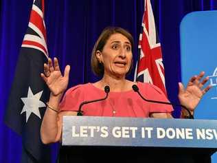 New South Wales Liberal leader Gladys Berejiklian celebrates the NSW Liberal party win of the 2019 New South Wales Election at the Sofitel Sydney Wentworth, in Sydney, Saturday, 23 March 2019. The NSW Coalition government led by Gladys Berejiklian has been returned to power for a third term in NSW following Saturday's election. Picture: MICK TSIKAS